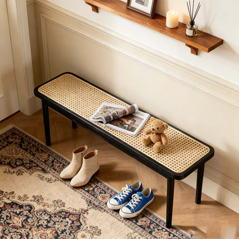 Modern Style Black Color Solid Oak Wood Dining Bench with Rattan Detail, 16.93" H x 47.24" W x 11.02" D