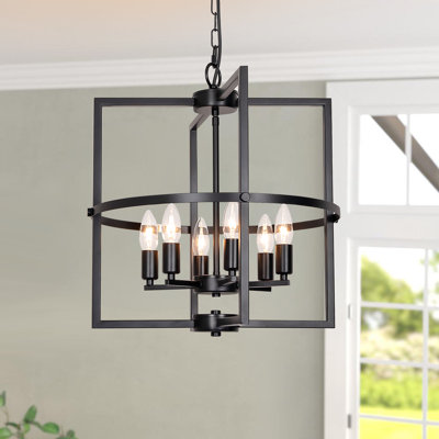6-Light Modern Farmhouse Pendant Light With Geometric Cage For Kitchen Entryway Foyer Bedroom