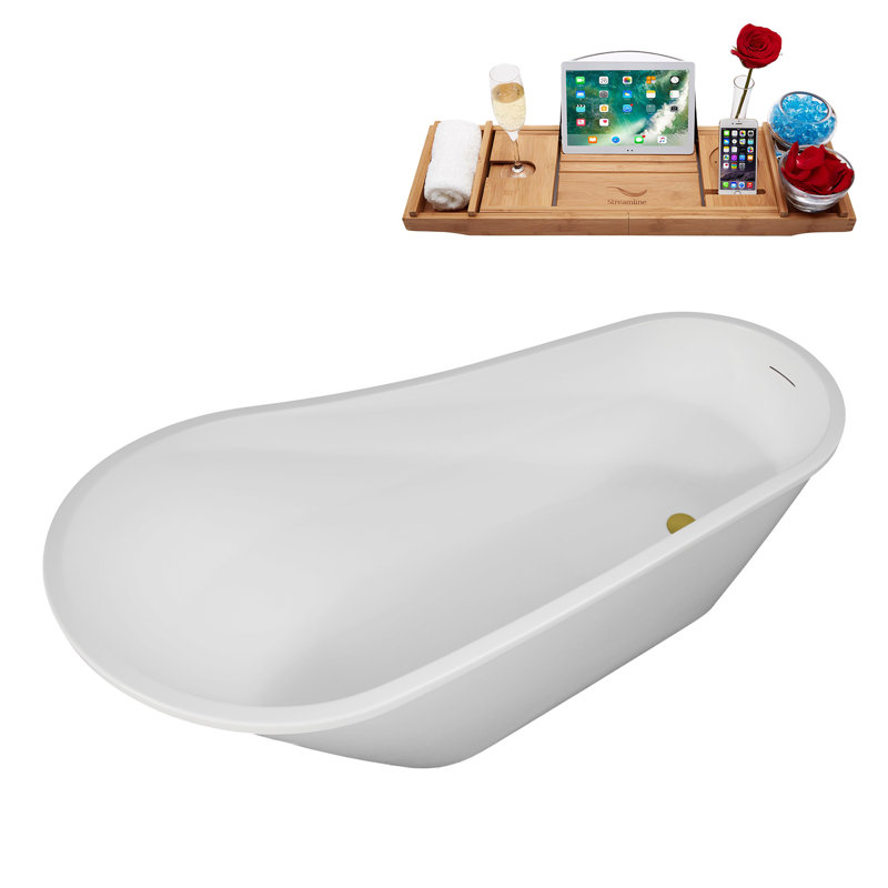 61" Streamline Soaking Freestanding Tub and Tray With Internal Drain, Brushed Gold