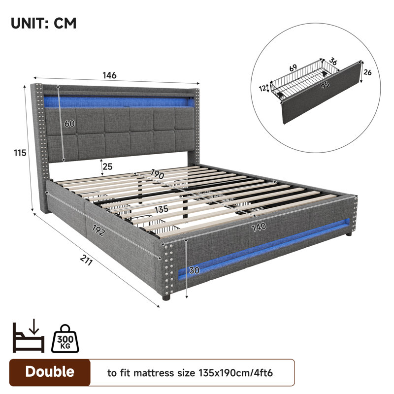 Upholstered Storage Bed, Grey