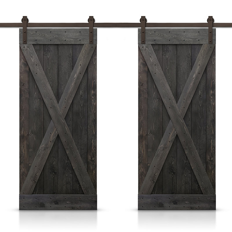 Porte de grange en bois massif lambrissé et métal, 40 po x 84 po, Noir anthracite