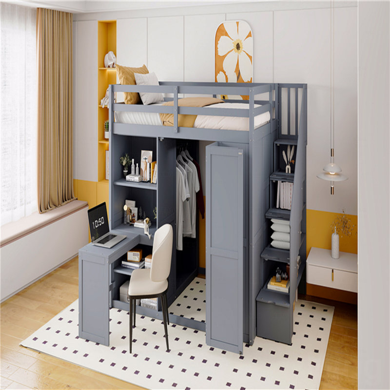Structure de lit double pleine grandeur avec rangement pour garde-robe intégré, bureau et tablettes, gris, Gris