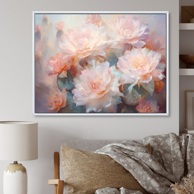 Impression romantique sur toile, cactus rose et vert II, H 24 po x l 32 po x P 1 po, Encadrement doré