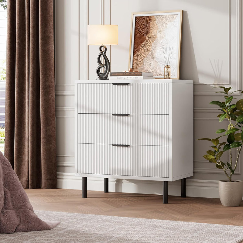 Wave Fluted 3-Drawer Dresser, 30" Tall Wood Nightstand, White