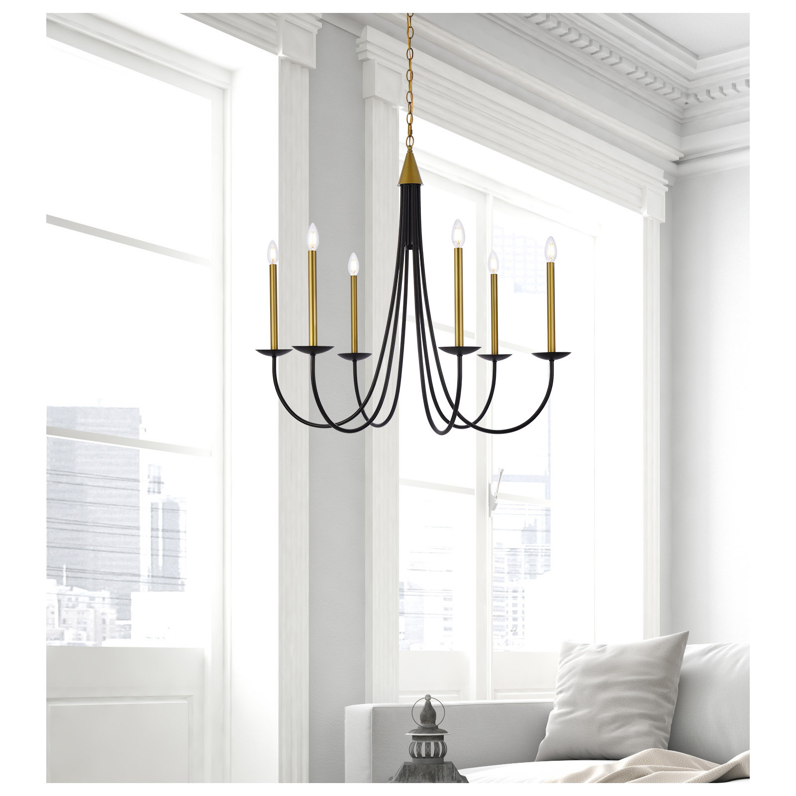 Baltray 6 - Light Candle Style Classic/Traditional Chandelier, Black/Brass, 35.3" H x 42" W x 42" D