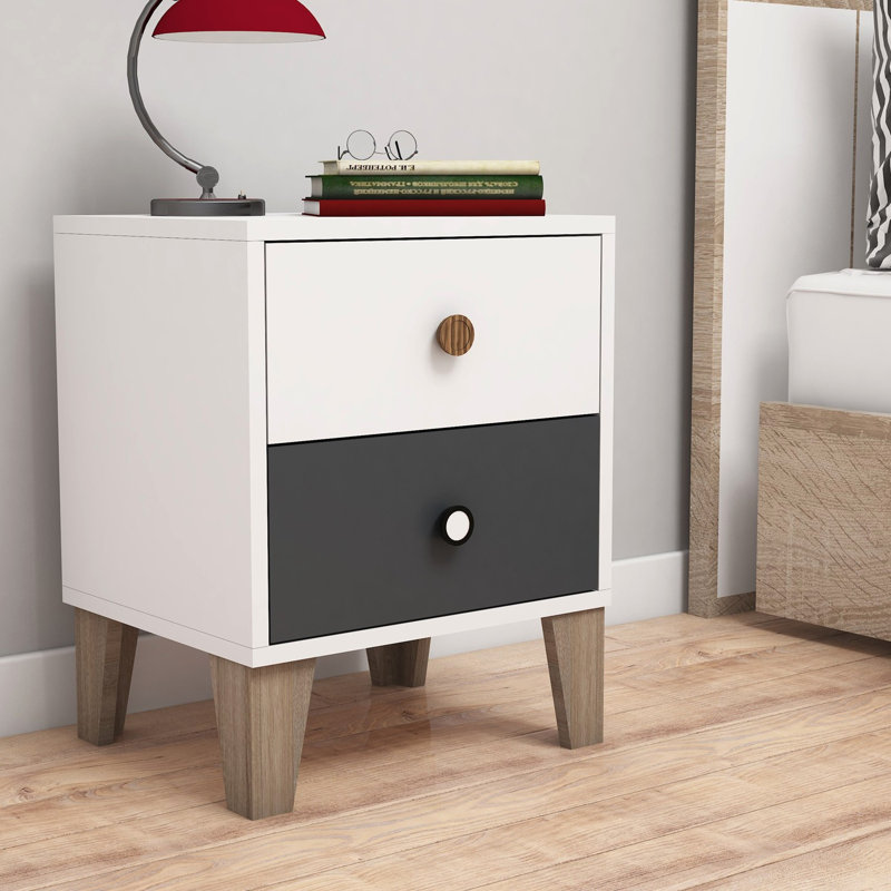 Table de chevet 2 tiroirs Bosch, Blanc / gris anthracite
