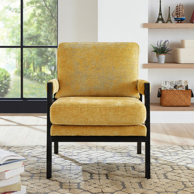 Siège Mid-Century moderne - Revêtement en chenille - Chaise rembourrée à dossier confortable en bois massif jaune
