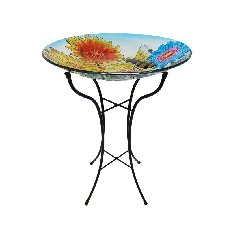 18"W Glass Bee Birdbath with Metal Stand