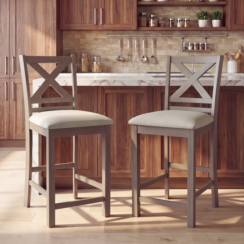 Tabouret de bar rembourré de 26 po en bois massif, Beige, Marron clair