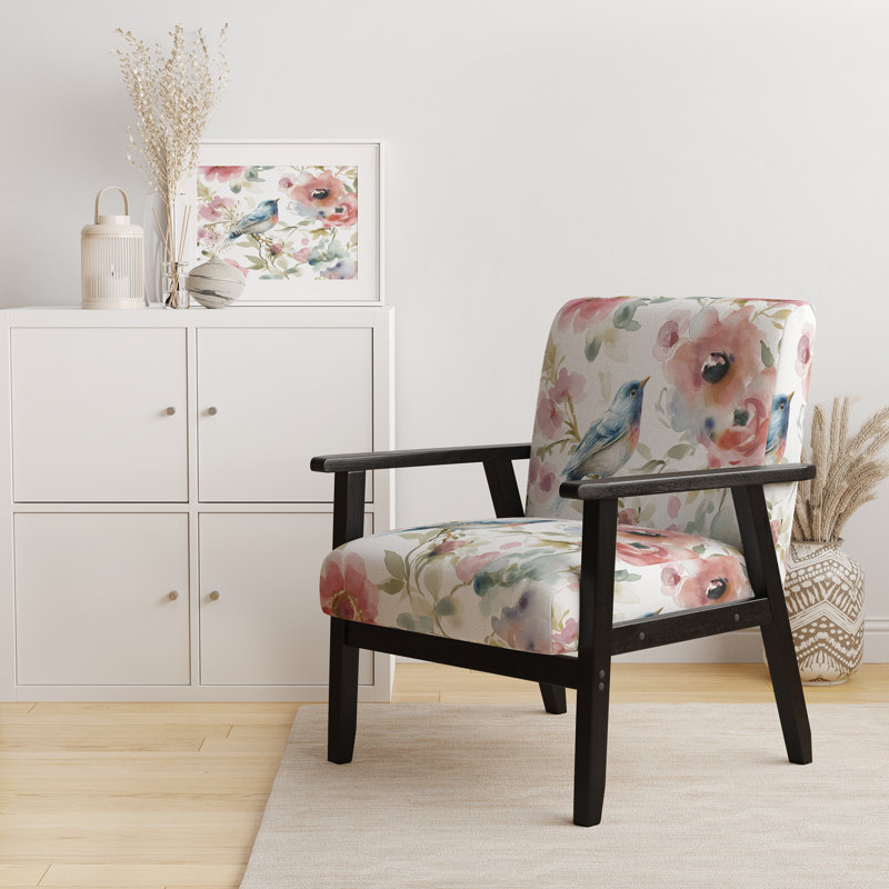 Fauteuil d'appoint rembourré Beautiful Bird Romance I, Mélange de polyester blanc, Noir