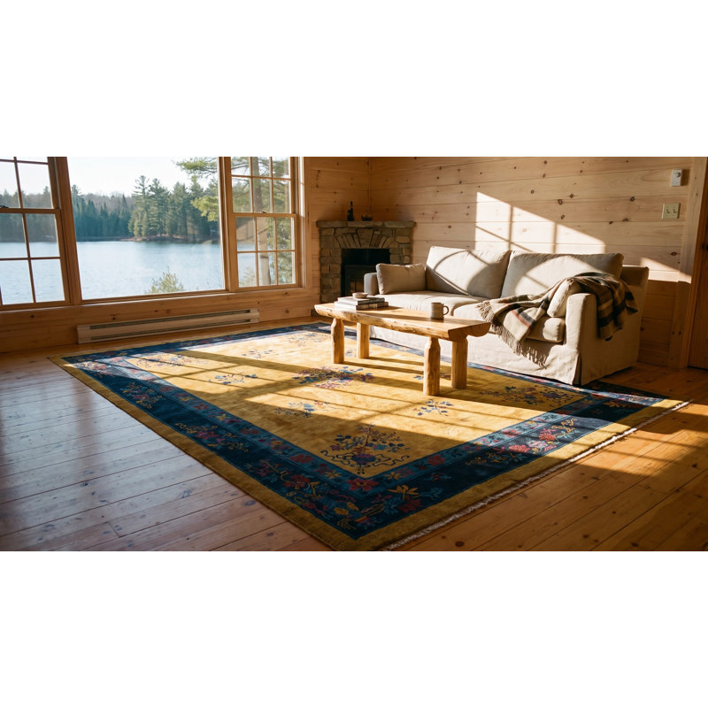 Antique Art Deco Chinese Floral Blue, Yellow / Gold / Orange 1920s Rug