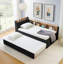 Lit de jour simple à hauteur ajustable en velours avec tête de lit à rangement et chargement sans fil, lit de jour multifonctionnel avec lit gigogne et lumières DEL, noir-554481363