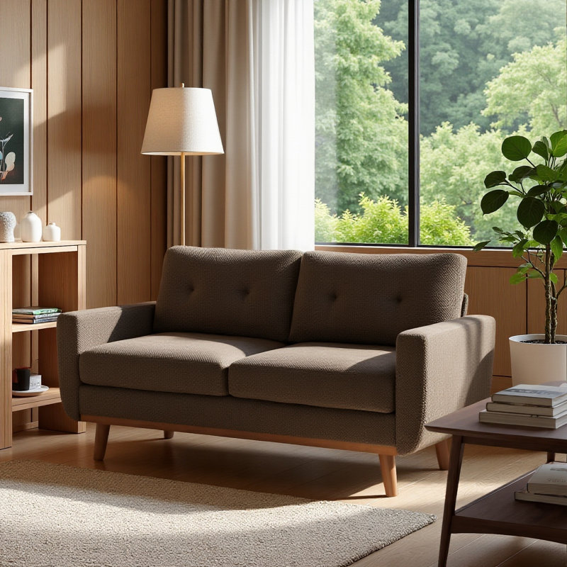Causeuse moderne de 65,1 po de style Mid-Century à 2 places avec revêtement en polyester texturé Nubby et pieds en bois massif pour petits appartements
