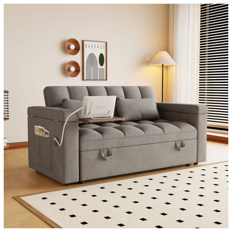 Canapé-lit convertible en velours de 65 pouces avec station de charge USB et accoudoirs de rangement - Canapé-lit moderne pliable 3-en-1 pour les petits espaces