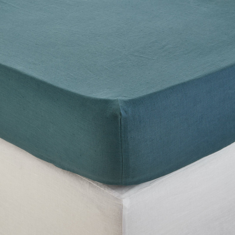 Carlina 100% Linen Fitted Sheet, European Single (90 x 200 cm), Blue/Green