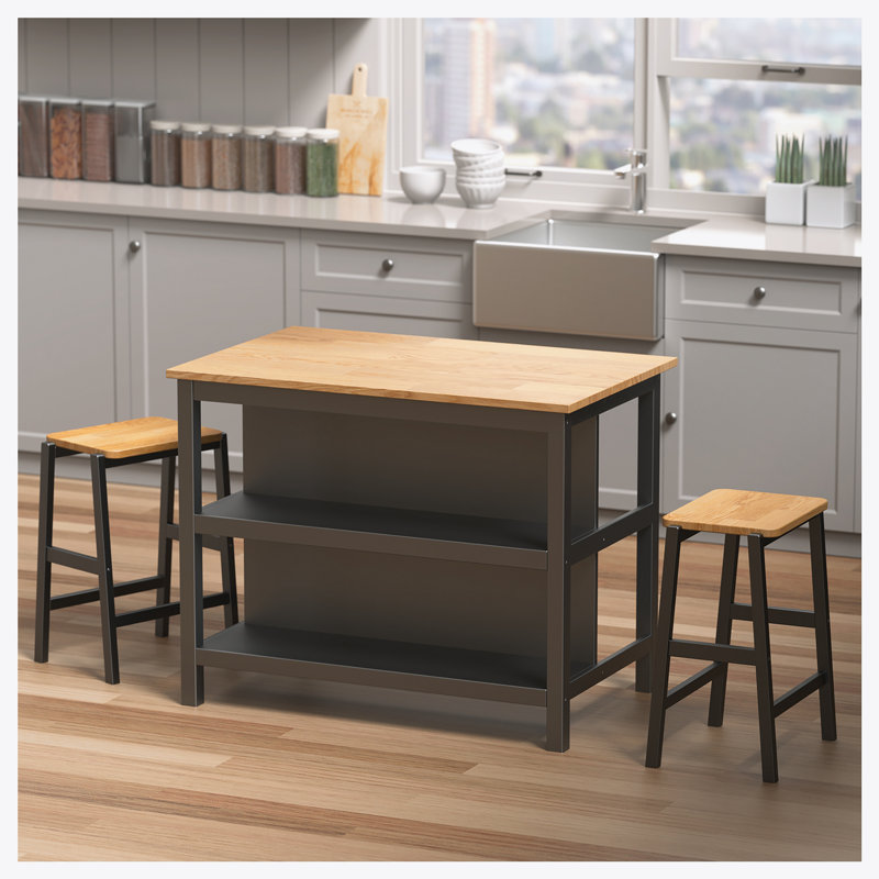3 Pieces Dining Table Sets, with Fixed Table, Black