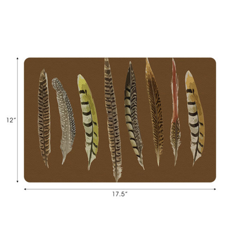 Pheasant Feathers Vegan Leather Rectangle Pebble Placemat, Brown