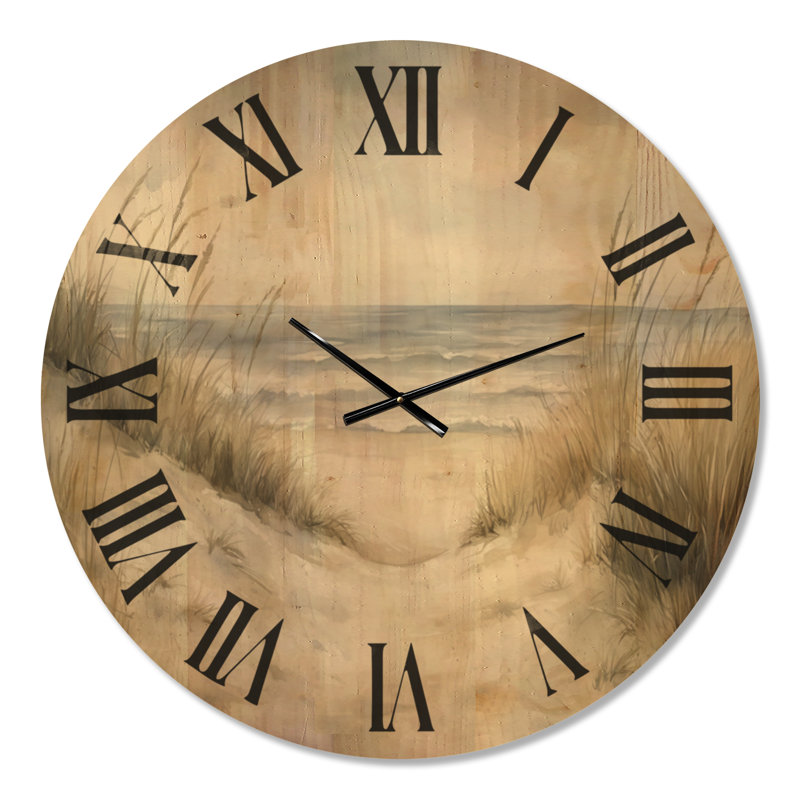 Quiet Dune Path I - Grande horloge murale beige de style côtier, imprimée sur bois, Très grand