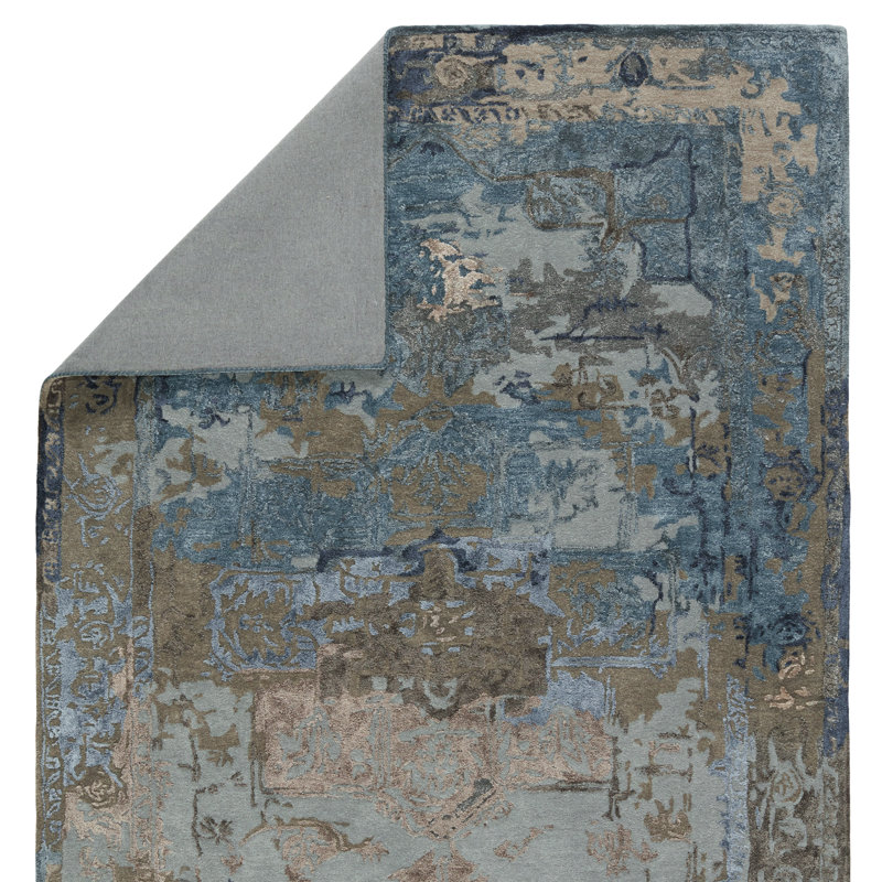 Tapis bleu / gris fait à la main Patil, Rectangle de 5 pi x 8 pi