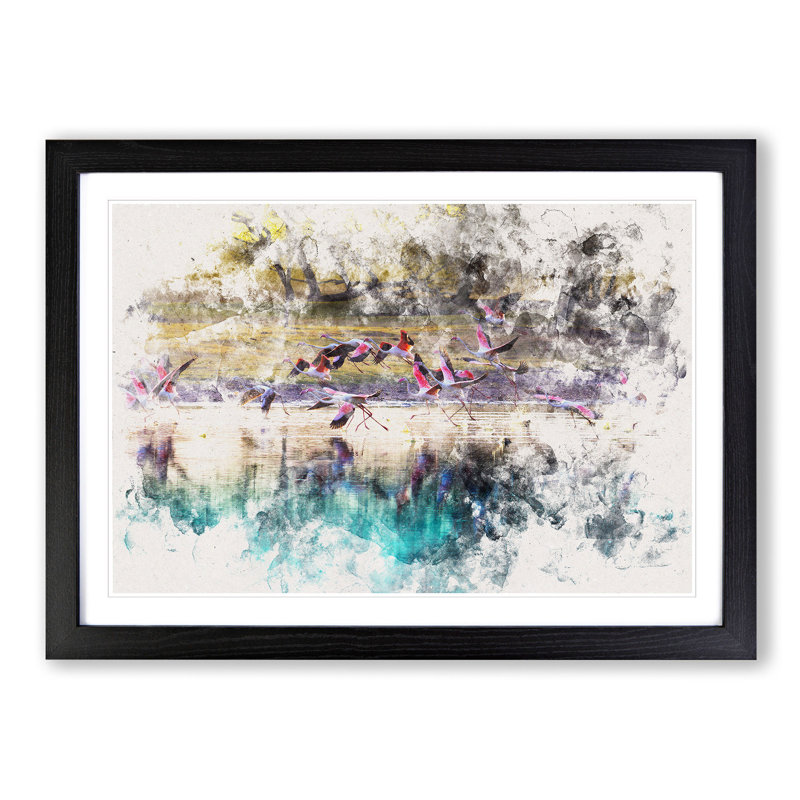 Flamingos Taking Flight - Picture Frame Painting Print, Black Framed, 62cm H x 87cm W x 2cm D
