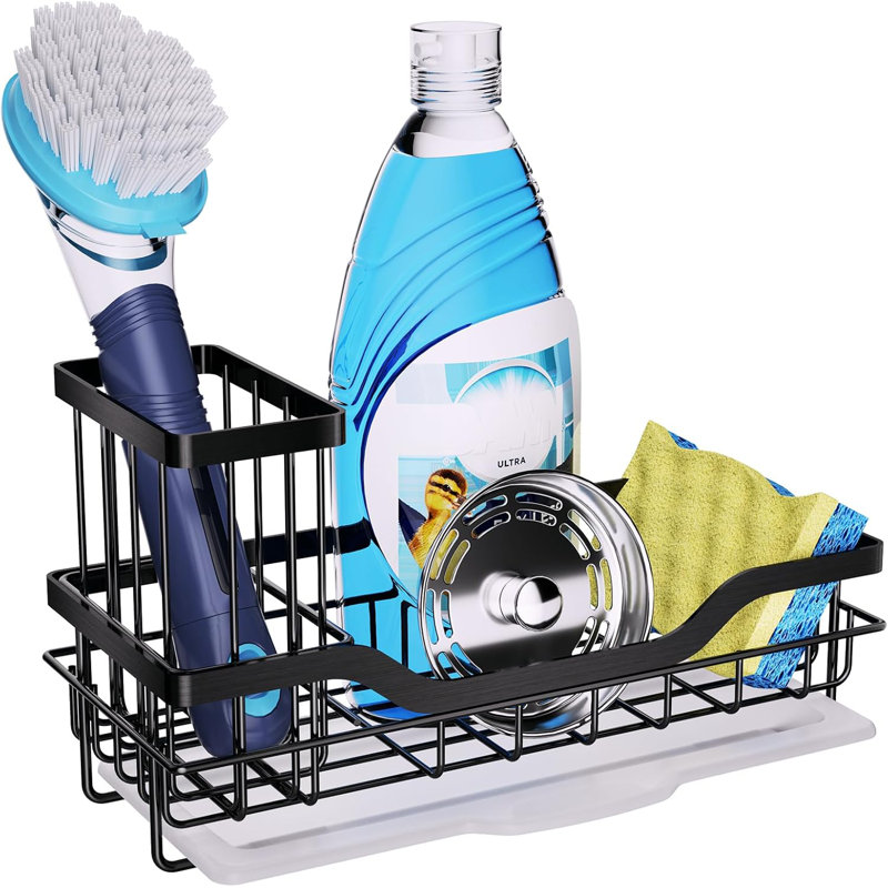 Organisateur de bac d'évier avec porte-brosse amovible et plateau de drainage, éponge de cuisine en acier inoxydable antirouille et rangement pour récureur avec conception de drainage creux et base antidérapante