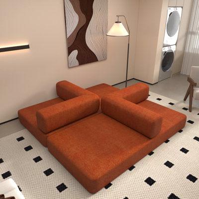 3 places, canapé-lit pliant, velours côtelé orange, lit convertible, plancher, structure de forme fixe, accoudoirs carrés, rembourrage en mousse à mémoire de forme