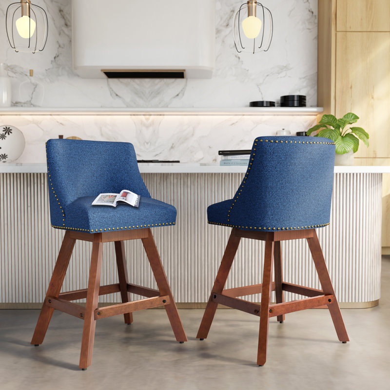 Counter Height Swivel Nailhead Upholstered Bar Stools (Set Of 4), Blue