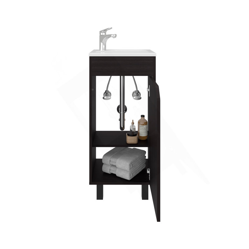 Armoire à une porte Bethel, meuble-lavabo autoportant avec lavabo en résine et deux tablettes, rangement pour salle de bain