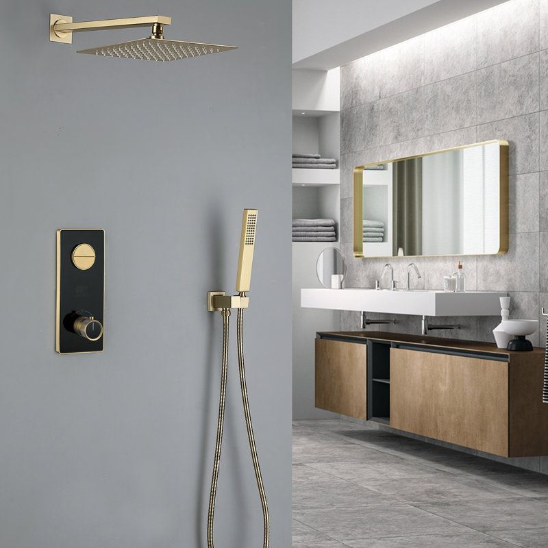 Wall Mounted Thermostatic Complete Shower System, Brushed Gold, Push Button