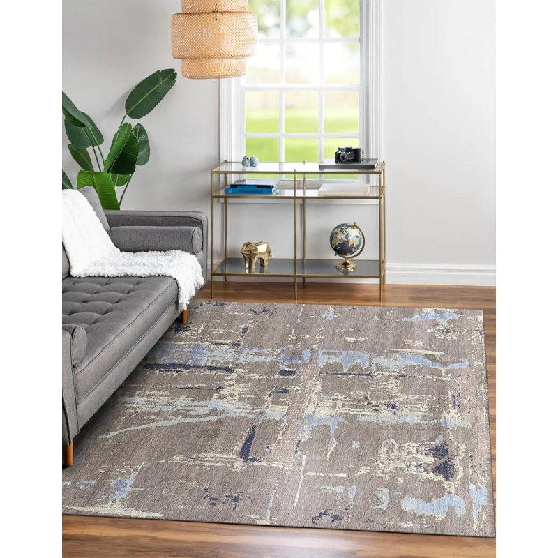 Tapis rectangulaires gris et gris en laine noué à la main, Rectangle 9 pi x 12 pi