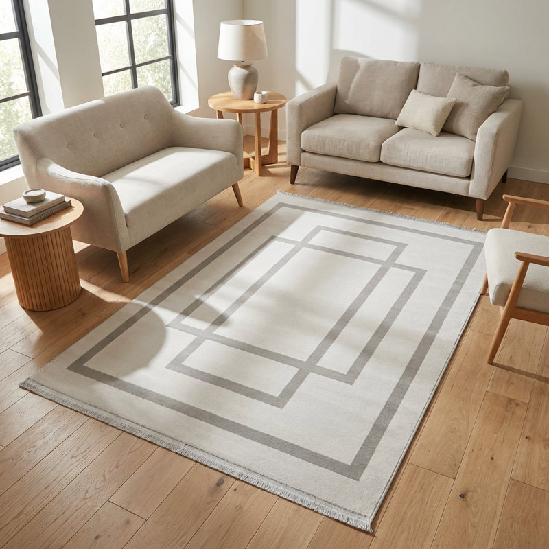 Tapis géométrique moderne crème et gris (2,6 pi x 4,9 pi)