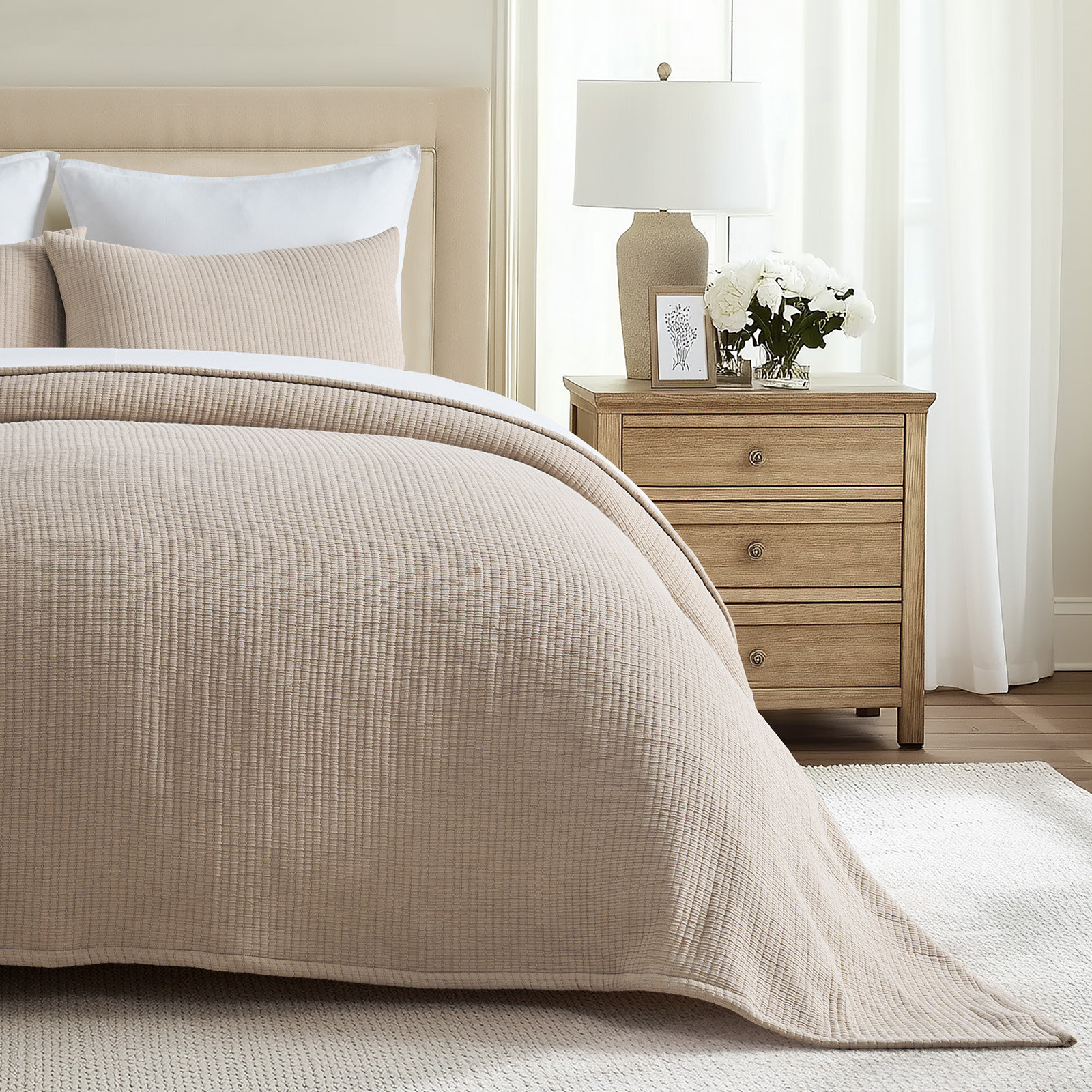 Cotton Gauze Coverlet Set, Khaki Tan, King Quilt + 2 King Shams