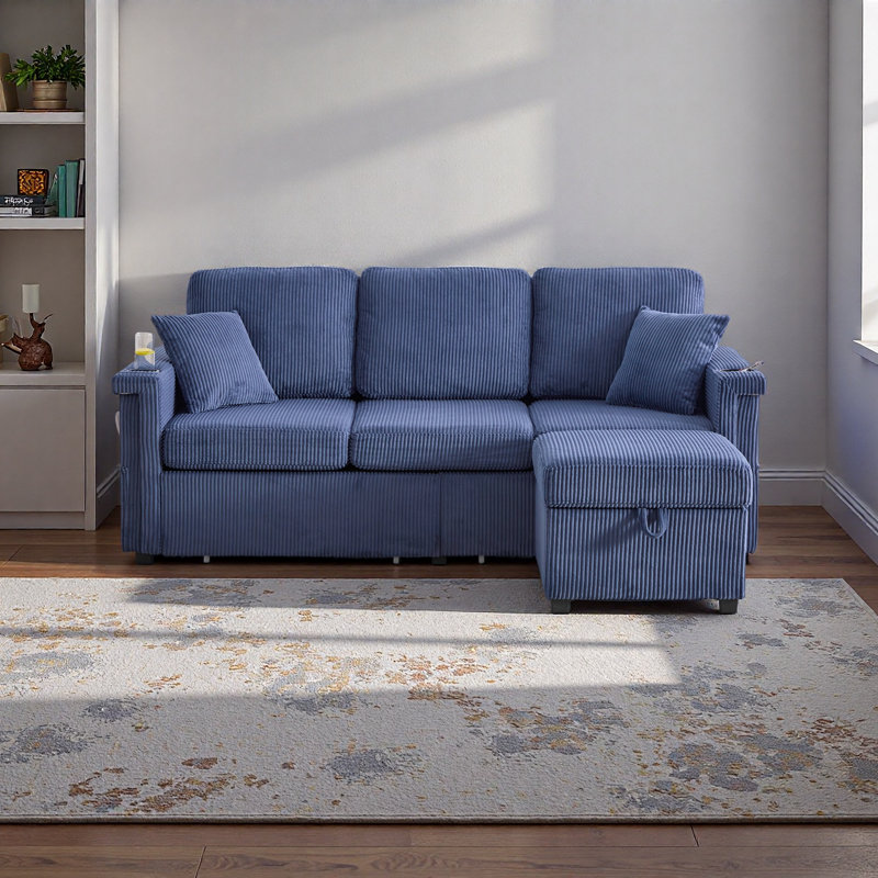 L-Shaped Sectional Sofa With Pull-Out Storage,Ottoman & Pillows 3-Seat With USB Charging,Cup Holder, Convertible Design For Living Room, Apartment, Corduroy Fabric