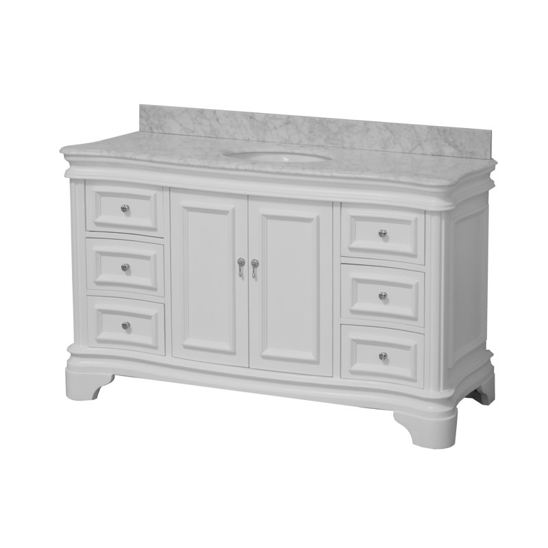 Ensemble de meuble-lavabo simple 60 po Twain avec rangement blanc et comptoir en marbre de Carrare, Blanc, Marbre de Carrare