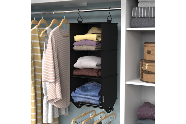 Interior of a closet with a hanging organizer for pants and sweaters.
