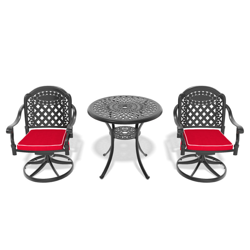 Ensemble de salle à manger 3 pièces en aluminium coulé toutes saisons comprenant 2 chaises pivotantes et une table ronde de 30,71 po avec structure noire
