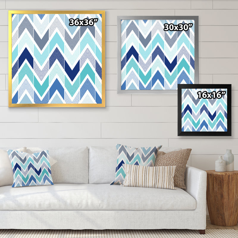 " Retro Light Blue Zigzag " Painting Print, 36" H x 36" W x 1" D, Black Picture Frame