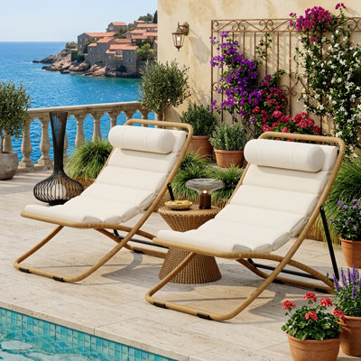 Ensemble de chaise longue pliante en rotin 2 pièces de luxe avec coussins résistants aux intempéries et dossier ergonomique réglable