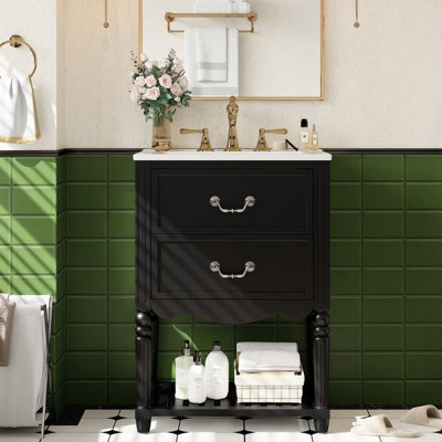 Meuble-lavabo avec lavabo en céramique de 61 cm, deux tiroirs, tablette ouverte, style vintage élégant inspiré des vagues, concept rétro-palais, robinetterie brillante de 20 cm, rangements adaptés, design ondulé, esthétique, antidébordement