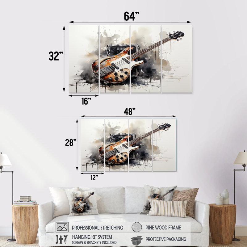 «Brown Charcoal Guitare», ensemble de 4 pièces d'art mural, H 32 po x l 64 po