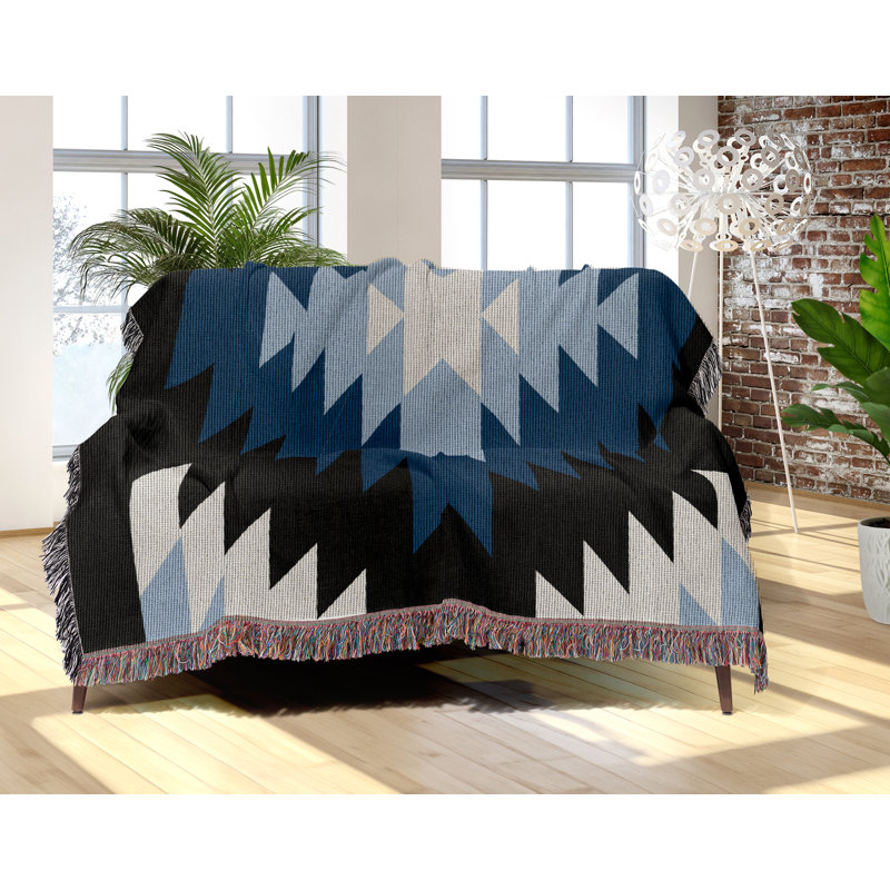 Jeté en mélange de coton Caca South Western, L 80 po x l 60 po, Bleu / noir / blanc cassé