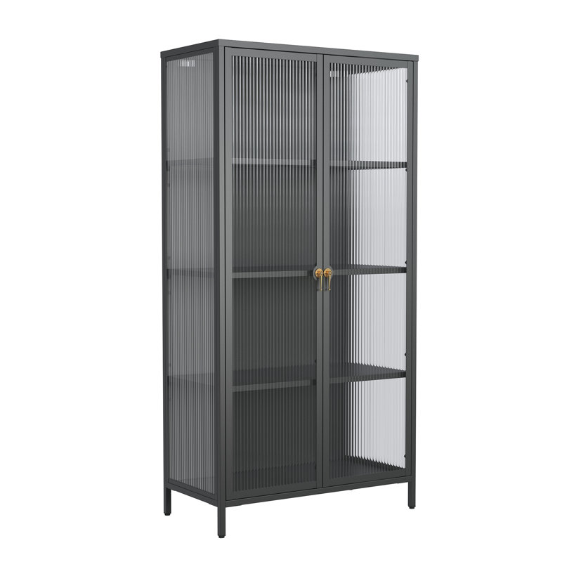 Benoite 63.05-inch Black Two Door Metal Storage Cabinet with Fluted Clear Doors and Gold Handles