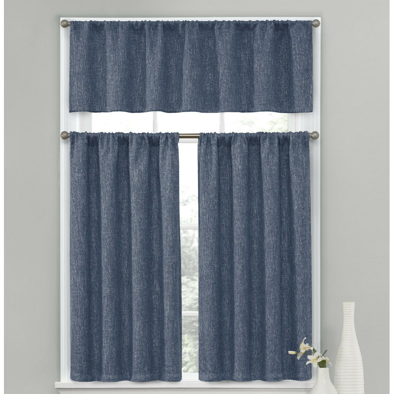 Andressa Complete Textured Café 56" Kitchen Curtain, Navy Blue