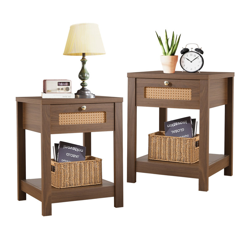 Table de chevet avec tiroir et tablette Boho, Noyer