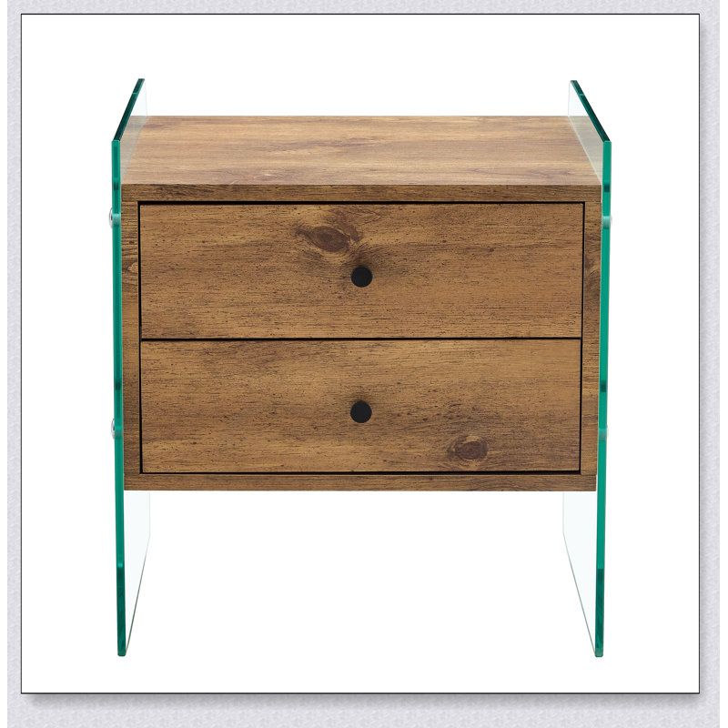 Table de chevet à double tiroir. La surface du panneau est en panneau de fibres à densité moyenne avec un autocollant de grain de bois, et les deux côtés sont en verre trempé transparent. La conception est simple et élégante, avec d'excellentes fonctions de rangement.