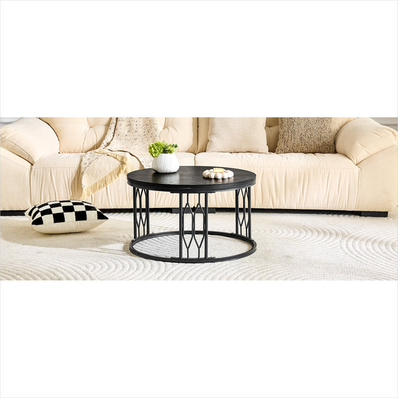 Table basse avec plateau rond compact en panneau de fibres à densité moyenne et métal noir de 27,5 pouces, style industriel moderne