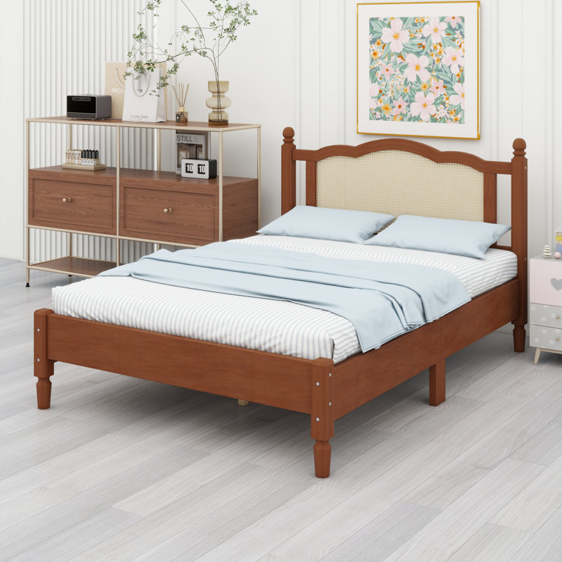 Lit plateforme en bois avec tête de lit en rotin naturel, cadre de lit rétro avec support en lattes de bois