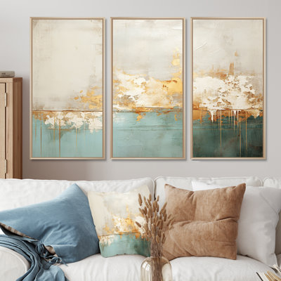 Minimalism Gold And Teal Horizon I - Abstract Wall Art Living Room Set