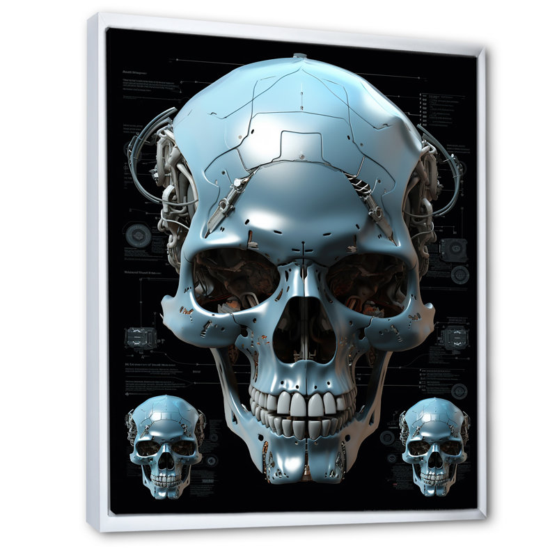 Reproduction d'art sur toile, "Happy Cyborg Skull Funky Halloween", Cadre flottant blanc, 40" H x 30" W
