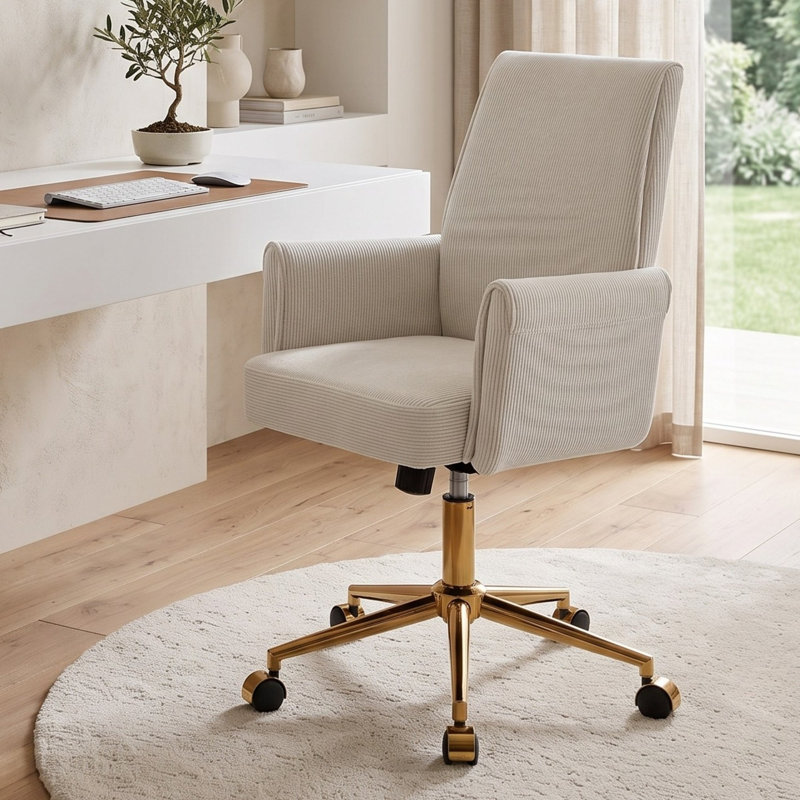 Chaise de bureau ergonomique à dossier moyen en velours côtelé avec base dorée et coussin en mousse viscoélastique, Blanc